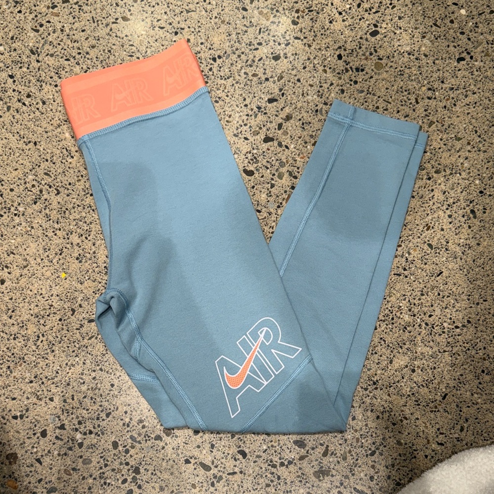Nike Girls' Teal Leggings with Coral Waistband and AIR Logo